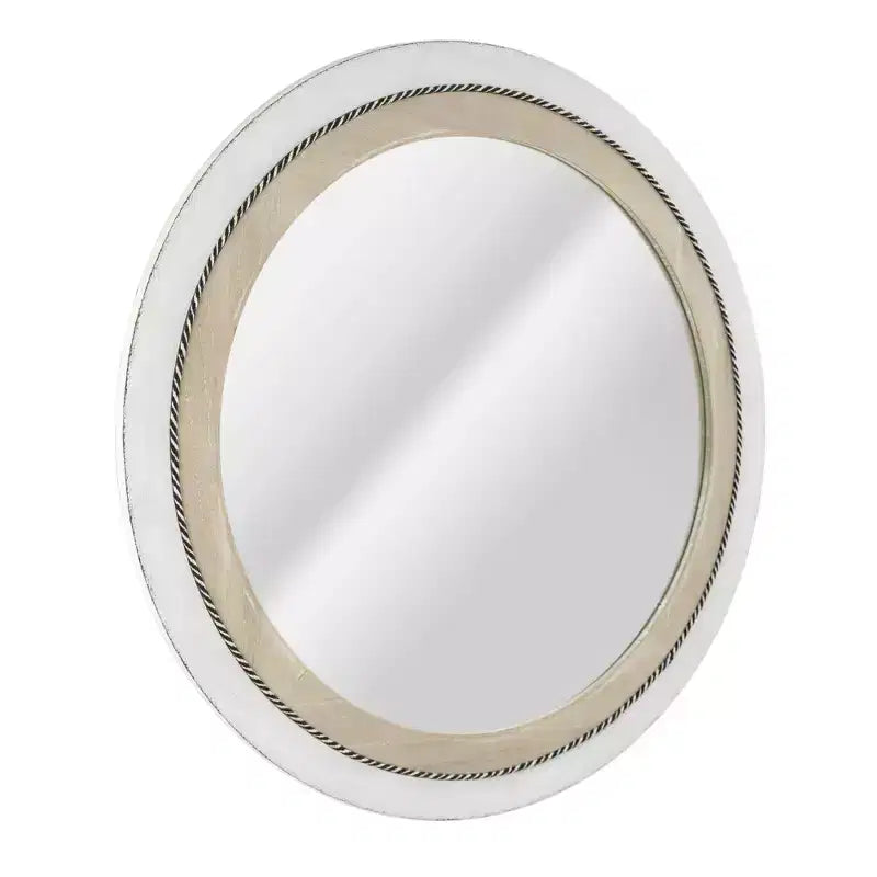 Specchio da Parete Rotondo Rustico da 23" con Cornice in Legno e Corda Intarsiata, Bianco/Marrone, Ferramenta per il Montaggio Inclusa