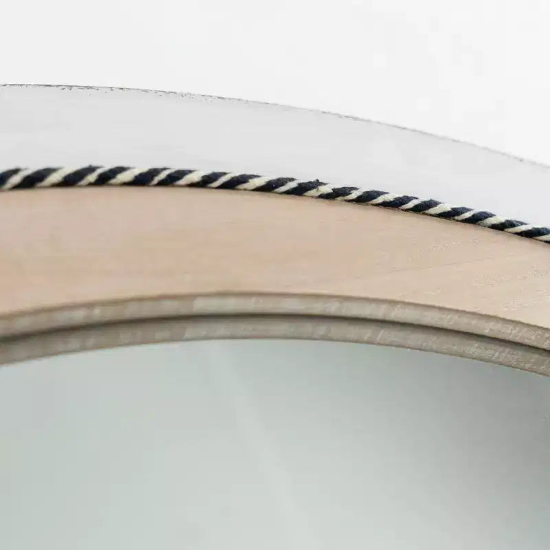 Specchio da Parete Rotondo Rustico da 23" con Cornice in Legno e Corda Intarsiata, Bianco/Marrone, Ferramenta per il Montaggio Inclusa