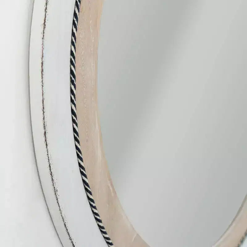 Specchio da Parete Rotondo Rustico da 23" con Cornice in Legno e Corda Intarsiata, Bianco/Marrone, Ferramenta per il Montaggio Inclusa