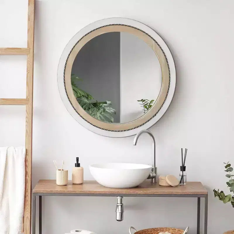 Specchio da Parete Rotondo Rustico da 23" con Cornice in Legno e Corda Intarsiata, Bianco/Marrone, Ferramenta per il Montaggio Inclusa