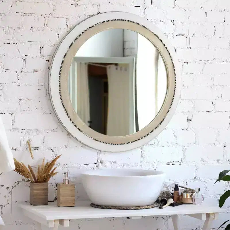 Specchio da Parete Rotondo Rustico da 23" con Cornice in Legno e Corda Intarsiata, Bianco/Marrone, Ferramenta per il Montaggio Inclusa