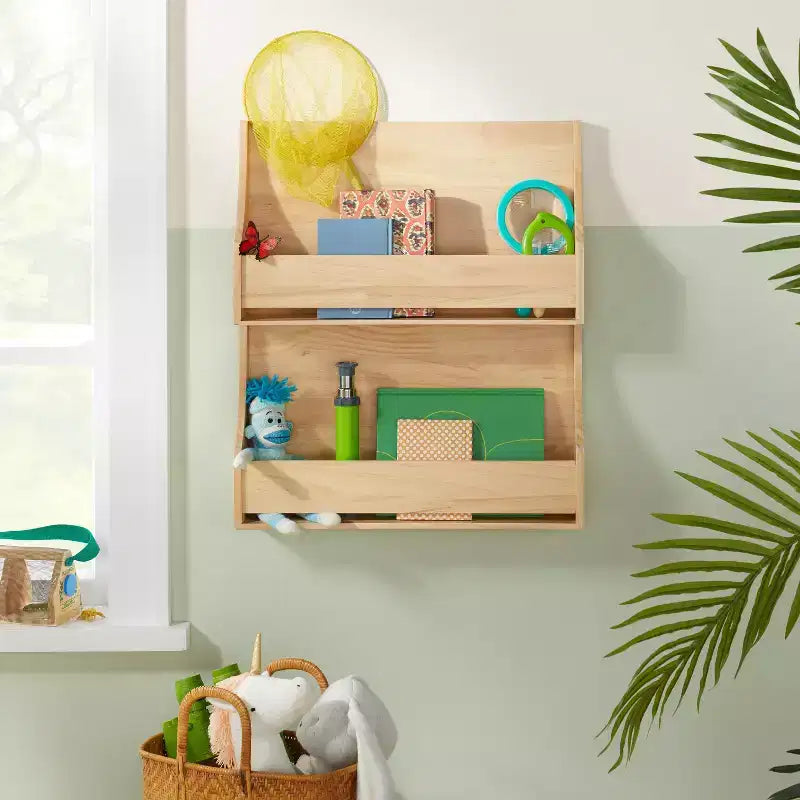 Libreria da parete per bambini a 2 ripiani in legno, bianco sporco, nessun assemblaggio richiesto, per cameretta e sala giochi