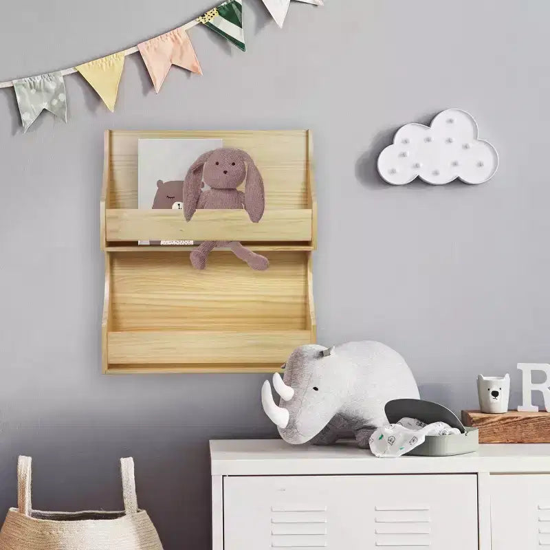 Libreria da parete per bambini a 2 ripiani in legno, bianco sporco, nessun assemblaggio richiesto, per cameretta e sala giochi