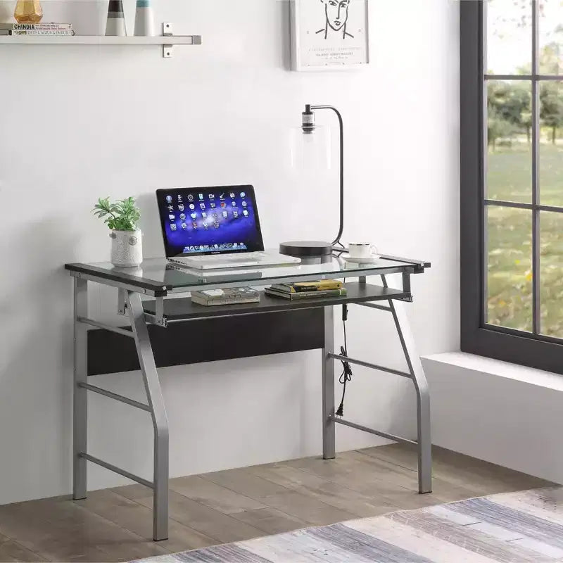 Scrivania per computer in metallo e vetro per ufficio, tavolo da scrittura moderno per studio e lavoro