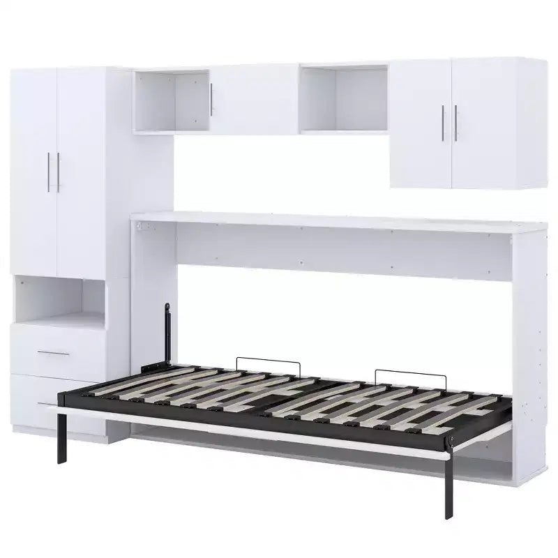 Letto a scomparsa matrimoniale con armadio integrato, cassetti e ripiani aperti, bianco
