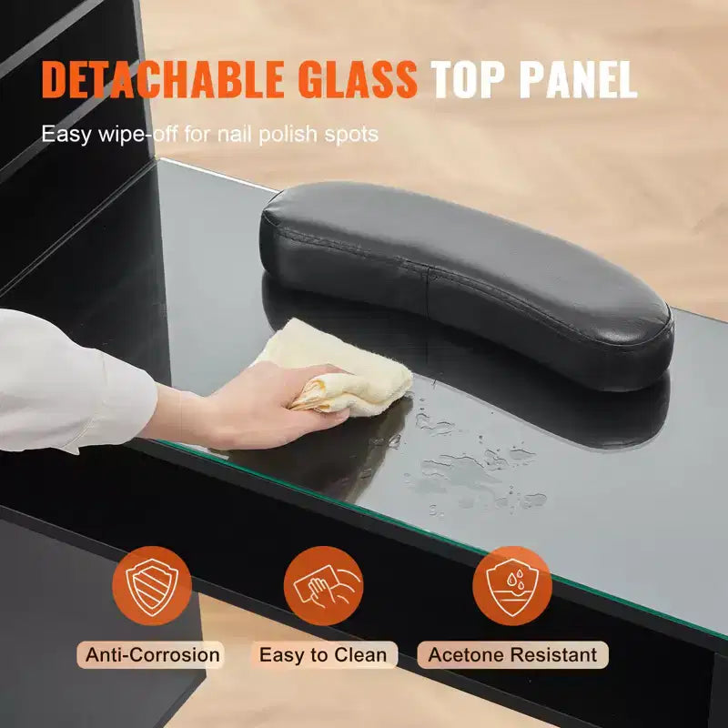 Tavolo per manicure con piano in vetro e armadietti, scrivania per onicotecnica resistente all'acetone