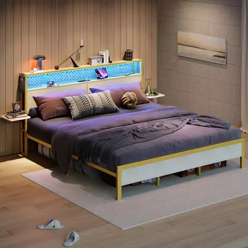 Struttura Letto a Piattaforma King Size con Testiera a LED con Vano Contenitore, Ripiani Laterali Pieghevoli e Stazione di Ricarica