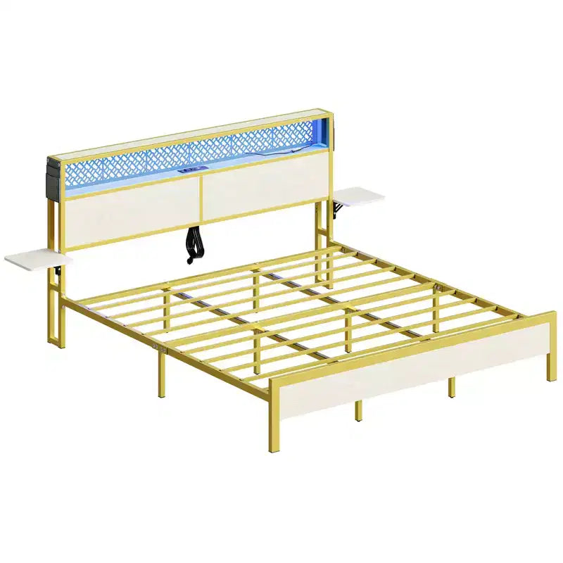 Struttura Letto a Piattaforma King Size con Testiera a LED con Vano Contenitore, Ripiani Laterali Pieghevoli e Stazione di Ricarica