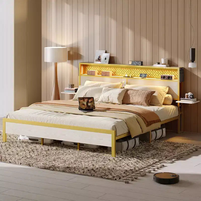 Struttura Letto a Piattaforma King Size con Testiera a LED con Vano Contenitore, Ripiani Laterali Pieghevoli e Stazione di Ricarica
