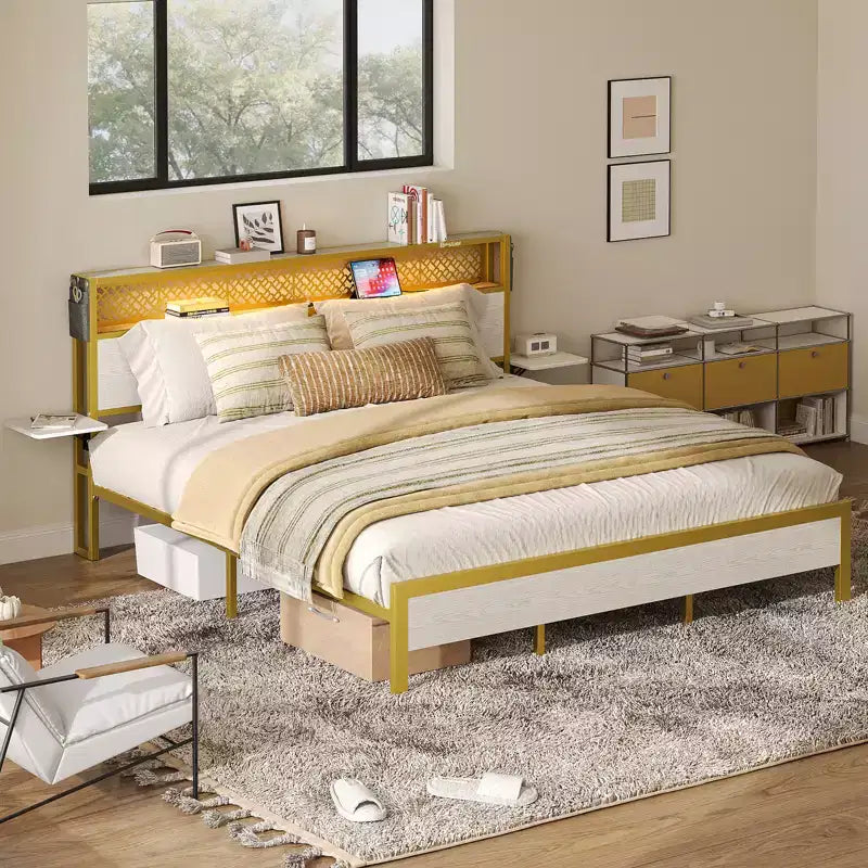Struttura Letto a Piattaforma King Size con Testiera a LED con Vano Contenitore, Ripiani Laterali Pieghevoli e Stazione di Ricarica