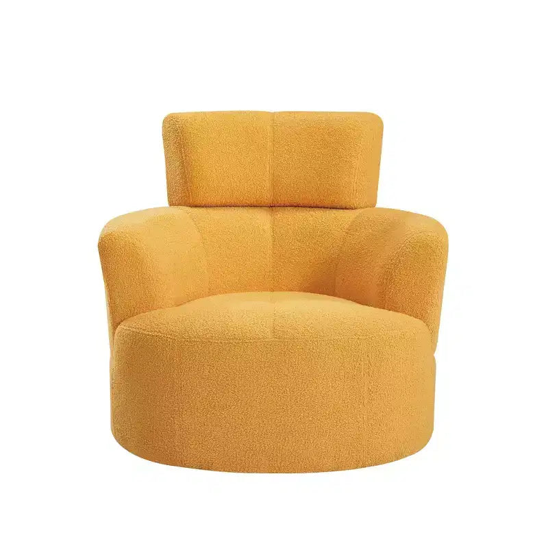 Poltrona girevole moderna Okak, poltrona girevole a botte imbottita, poltrona girevole rotonda con poggiatesta regolabile per soggiorno, camera da letto