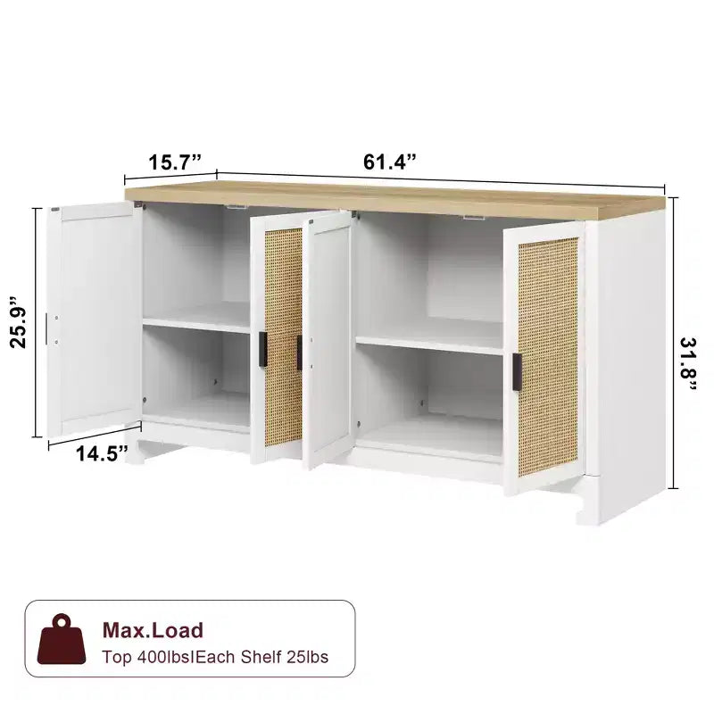 Credenza in Rattan, Madia Buffet con 4 Ante e Ripiani, per Sala da Pranzo, Cucina, Soggiorno e Ingresso, Colore a Contrasto
