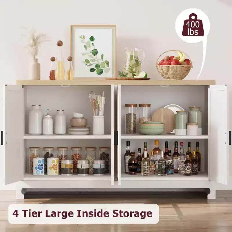 Credenza in Rattan, Madia Buffet con 4 Ante e Ripiani, per Sala da Pranzo, Cucina, Soggiorno e Ingresso, Colore a Contrasto