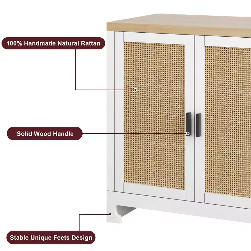 Credenza in Rattan, Madia Buffet con 4 Ante e Ripiani, per Sala da Pranzo, Cucina, Soggiorno e Ingresso, Colore a Contrasto