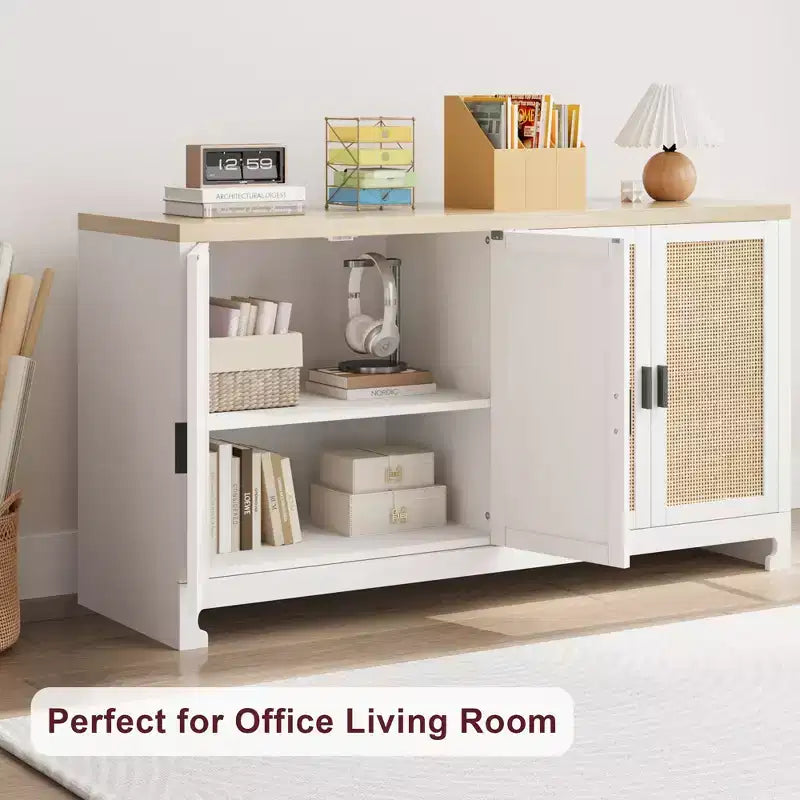 Credenza in Rattan, Madia Buffet con 4 Ante e Ripiani, per Sala da Pranzo, Cucina, Soggiorno e Ingresso, Colore a Contrasto