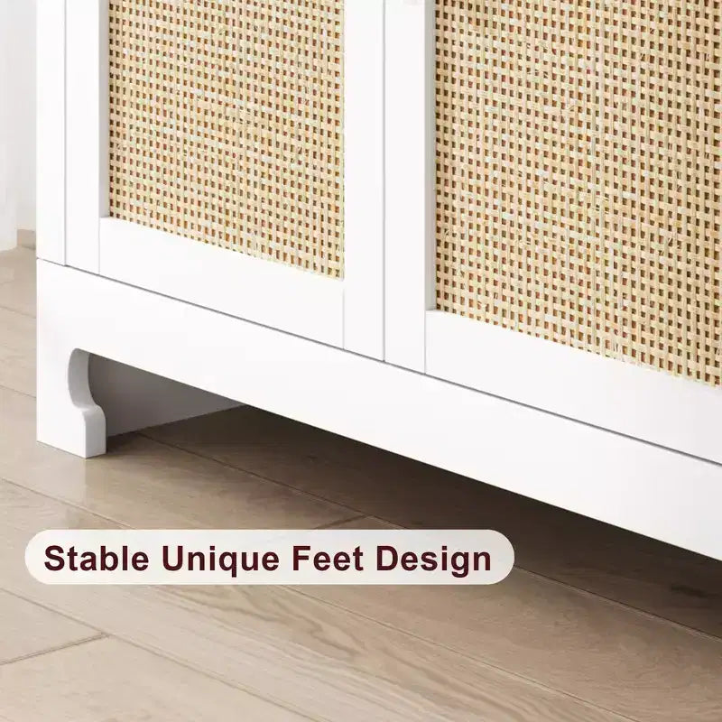 Credenza in Rattan, Madia Buffet con 4 Ante e Ripiani, per Sala da Pranzo, Cucina, Soggiorno e Ingresso, Colore a Contrasto