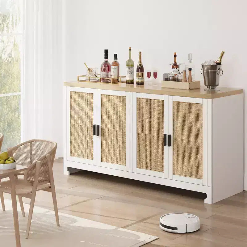 Credenza in Rattan, Madia Buffet con 4 Ante e Ripiani, per Sala da Pranzo, Cucina, Soggiorno e Ingresso, Colore a Contrasto