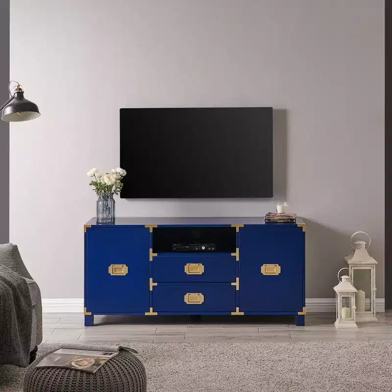 Mobile porta TV blu navy da 52" con 2 cassetti e ripiani laterali, stile transizionale
