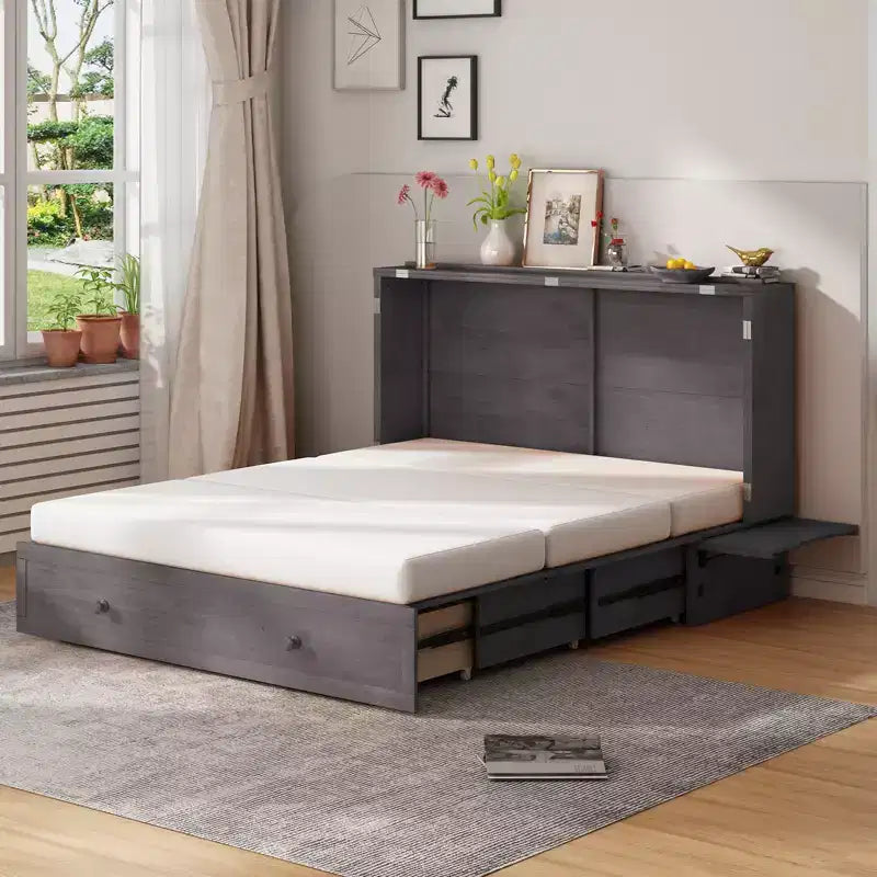 Letto a scomparsa Queen Murphy con stazione di ricarica, cassetto portaoggetti e materasso in schiuma inclusi