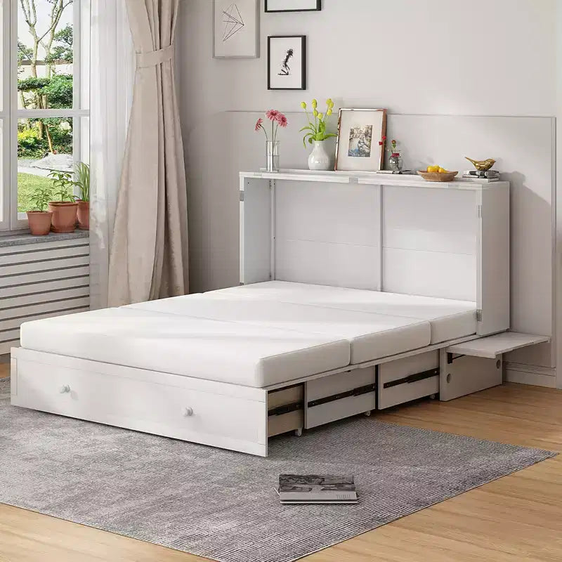 Letto a scomparsa Queen Murphy con stazione di ricarica, cassetto portaoggetti e materasso in schiuma inclusi