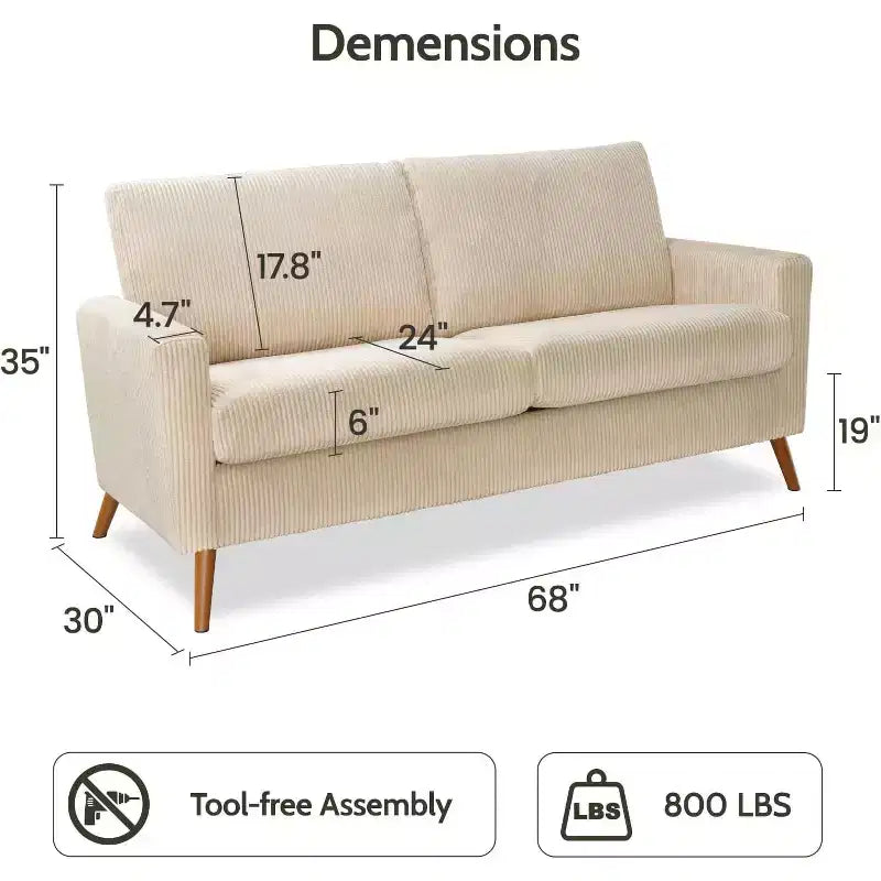 Divanetto a 2 posti in tessuto da 68" con cuscini a molle insacchettate e struttura in legno massello, lino, stile Mid-Century