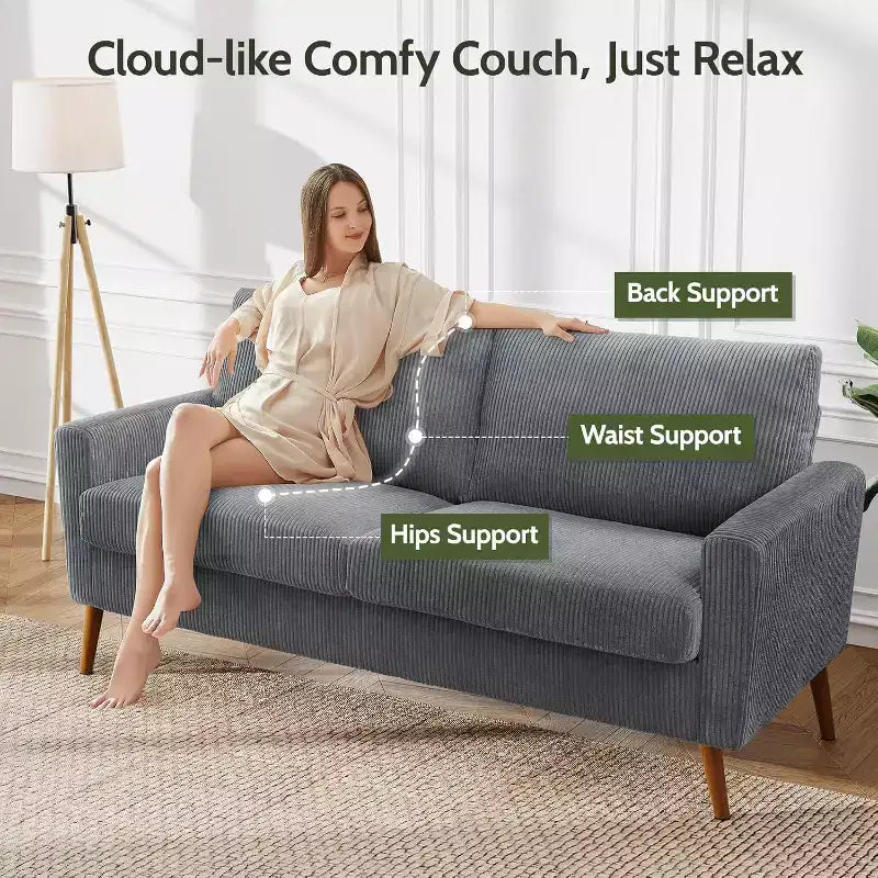 Divanetto a 2 posti in tessuto da 68" con cuscini a molle insacchettate e struttura in legno massello, lino, stile Mid-Century