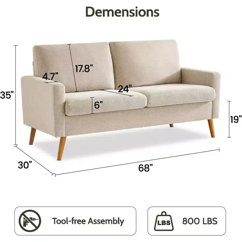 Divanetto a 2 posti in tessuto da 68" con cuscini a molle insacchettate e struttura in legno massello, lino, stile Mid-Century