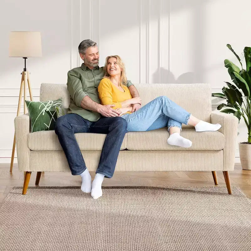 Divanetto a 2 posti in tessuto da 68" con cuscini a molle insacchettate e struttura in legno massello, lino, stile Mid-Century