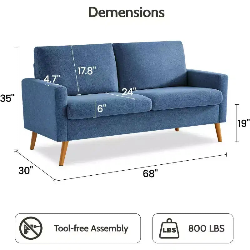 Divanetto a 2 posti in tessuto da 68" con cuscini a molle insacchettate e struttura in legno massello, lino, stile Mid-Century