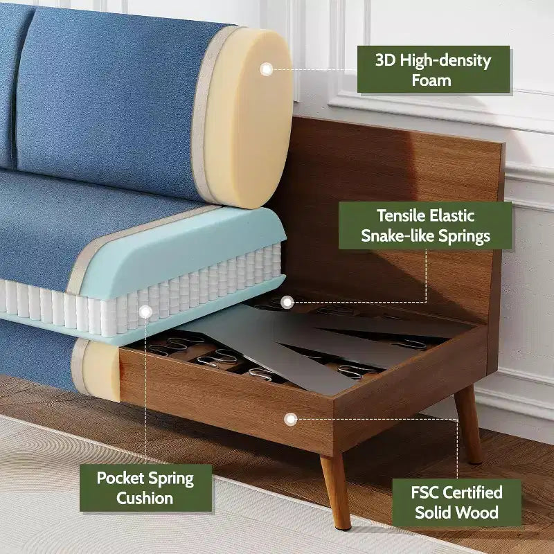 Divanetto a 2 posti in tessuto da 68" con cuscini a molle insacchettate e struttura in legno massello, lino, stile Mid-Century