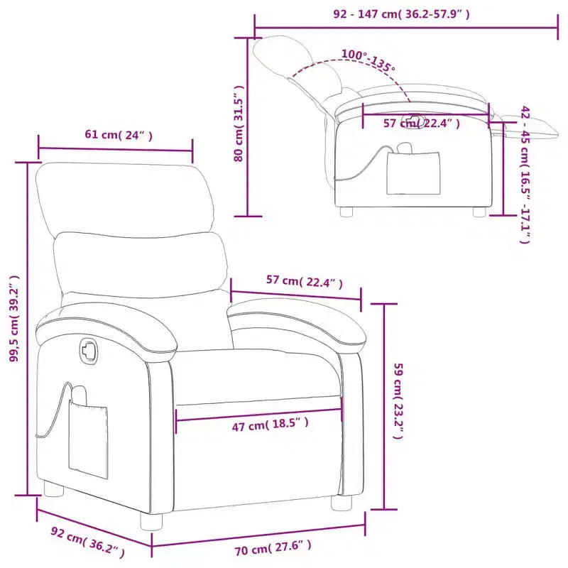 Poltrona Reclinabile Manuale con Massaggio Vibrante, Porta USB e Tasca Laterale, Grigio Chiaro