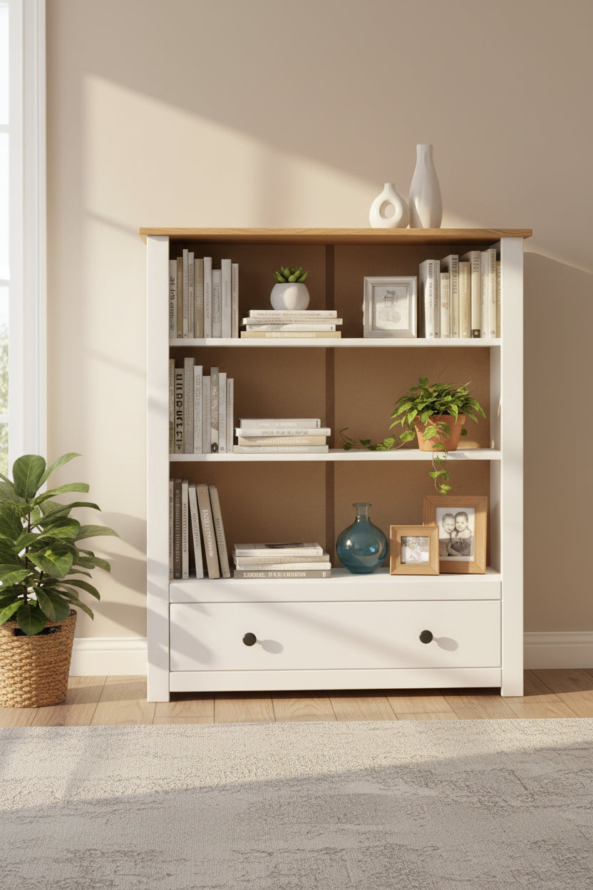 vidaXL Solid Pine Wood Bookcase with 3 Shelves and Spacious Drawer - Farmhouse Style, Rustic White Panama Range