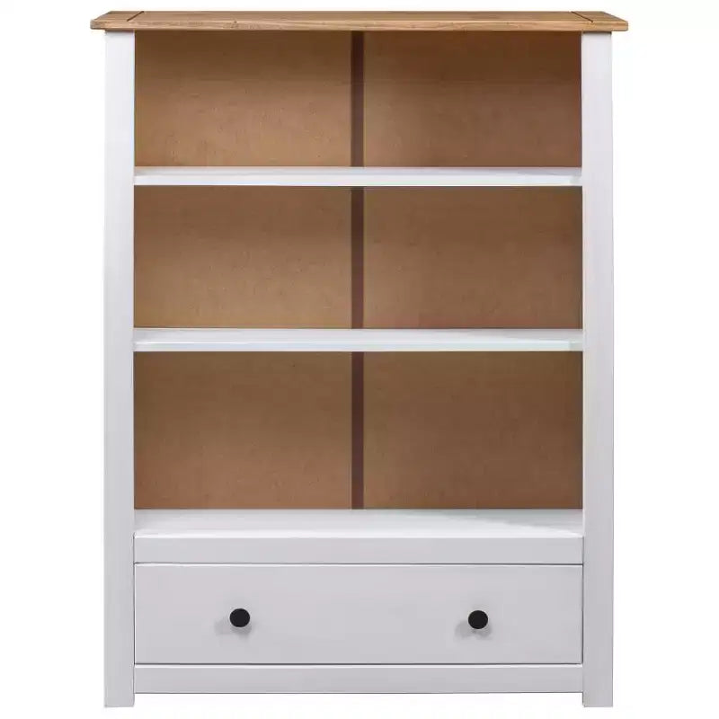 Libreria in Legno Massello di Pino con 3 Ripiani e 1 Cassetto, Finitura Bianco e Naturale, Ancoraggio a Parete
