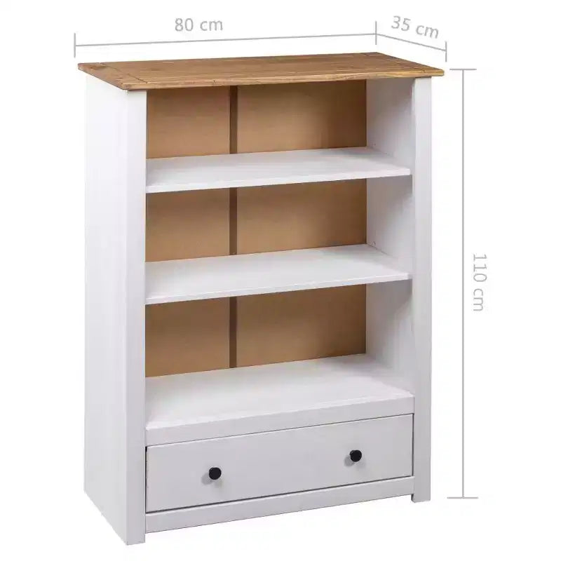 Libreria in Legno Massello di Pino con 3 Ripiani e 1 Cassetto, Finitura Bianco e Naturale, Ancoraggio a Parete