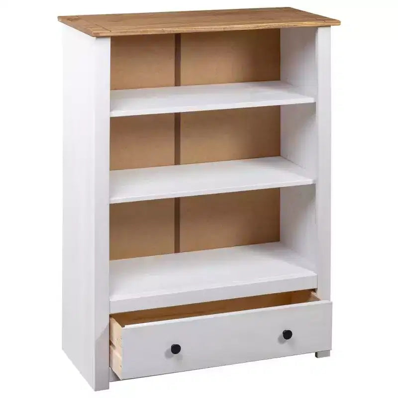 Libreria in Legno Massello di Pino con 3 Ripiani e 1 Cassetto, Finitura Bianco e Naturale, Ancoraggio a Parete