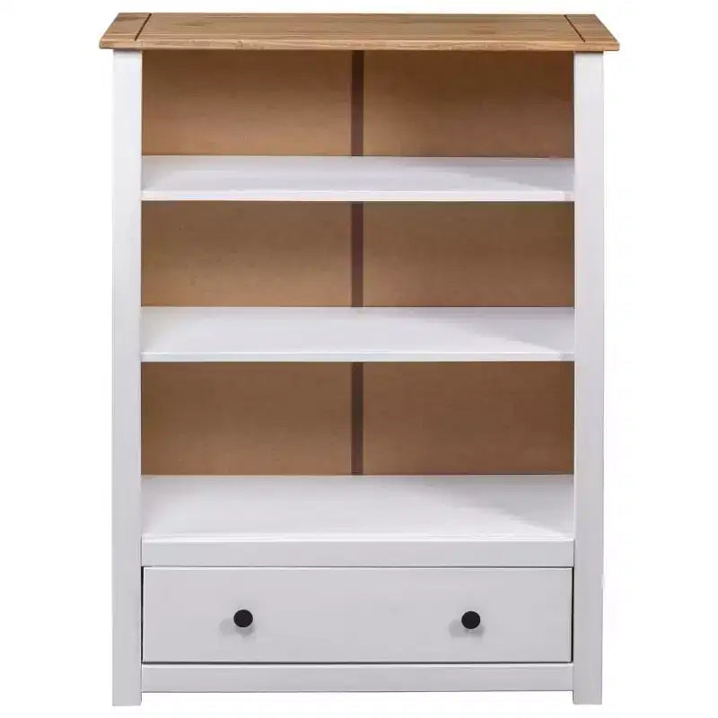 Libreria in Legno Massello di Pino con 3 Ripiani e 1 Cassetto, Finitura Bianco e Naturale, Ancoraggio a Parete