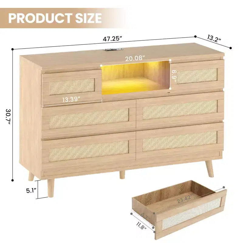 Cassettiera in Rattan con 6 Cassetti, Comò Resistente in Legno Naturale, Cassettiera a 6 Cassetti, Porta TV, Mobile Contenitore per Cameretta, Ingresso, Camera da Letto, Corridoio