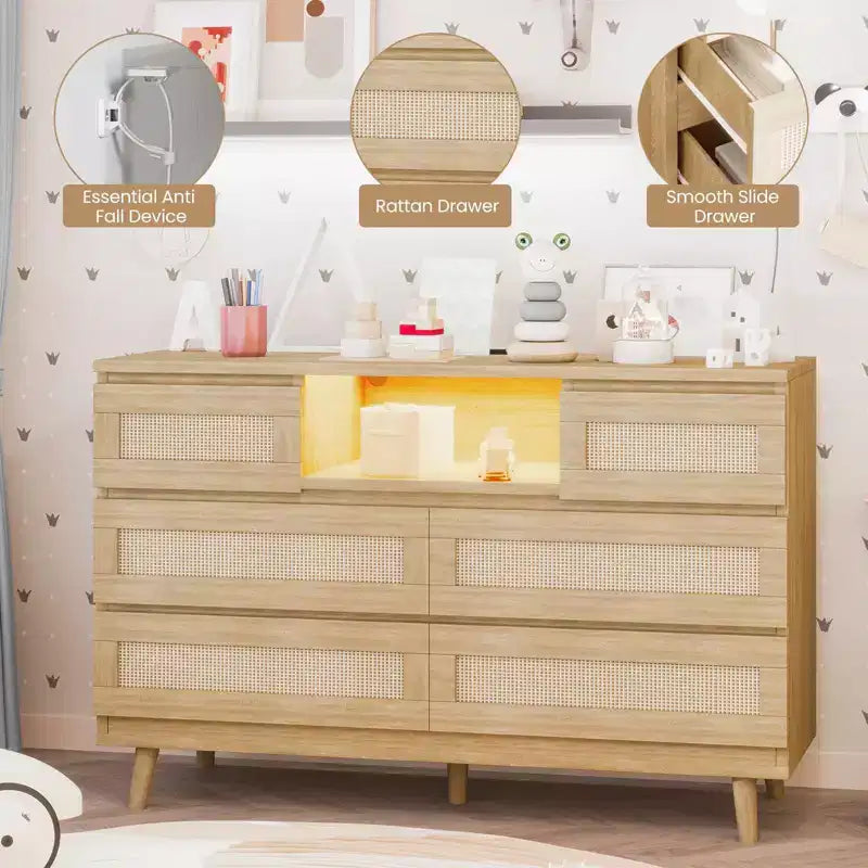 Cassettiera in Rattan con 6 Cassetti, Comò Resistente in Legno Naturale, Cassettiera a 6 Cassetti, Porta TV, Mobile Contenitore per Cameretta, Ingresso, Camera da Letto, Corridoio