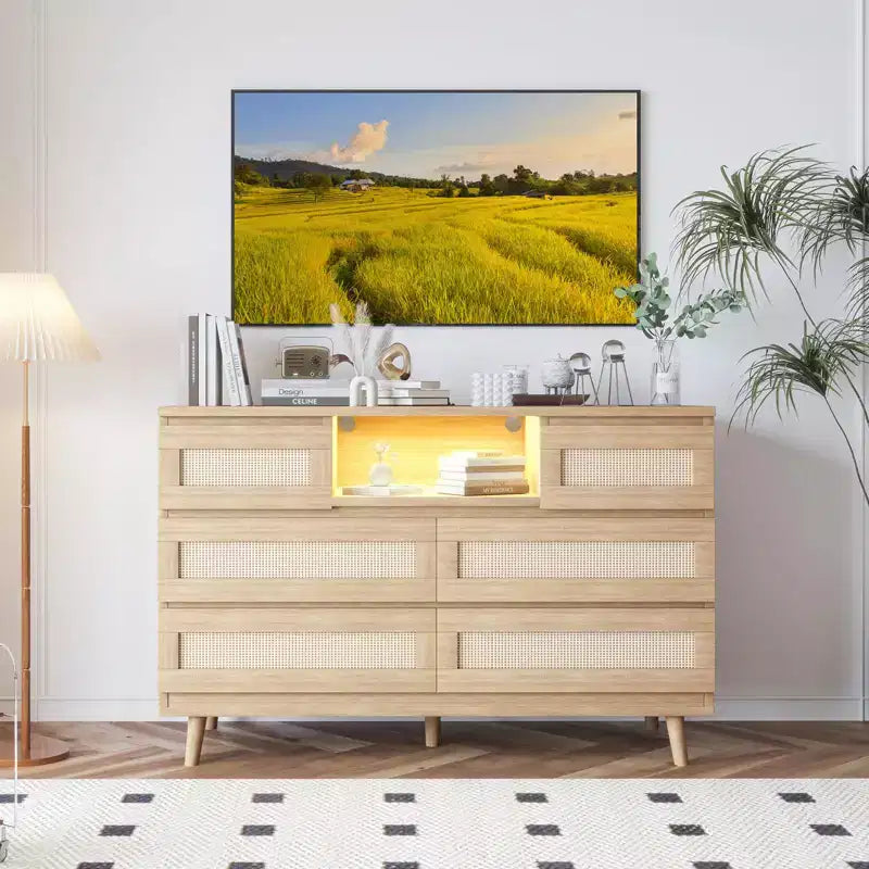 Cassettiera in Rattan con 6 Cassetti, Comò Resistente in Legno Naturale, Cassettiera a 6 Cassetti, Porta TV, Mobile Contenitore per Cameretta, Ingresso, Camera da Letto, Corridoio