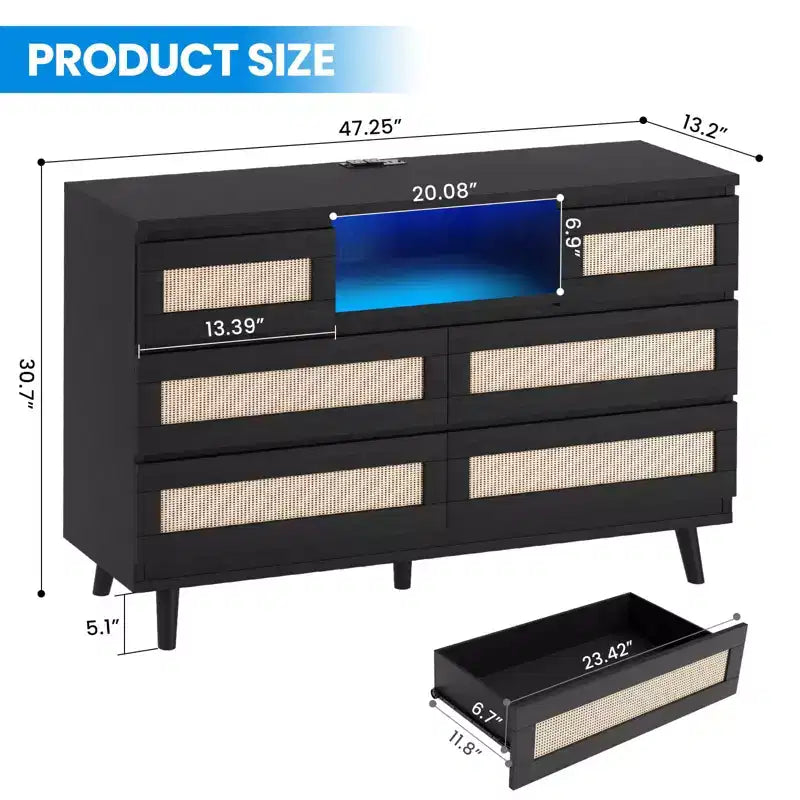 Cassettiera in Rattan con 6 Cassetti, Comò Resistente in Legno Naturale, Cassettiera a 6 Cassetti, Porta TV, Mobile Contenitore per Cameretta, Ingresso, Camera da Letto, Corridoio