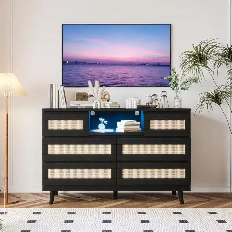 Cassettiera in Rattan con 6 Cassetti, Comò Resistente in Legno Naturale, Cassettiera a 6 Cassetti, Porta TV, Mobile Contenitore per Cameretta, Ingresso, Camera da Letto, Corridoio