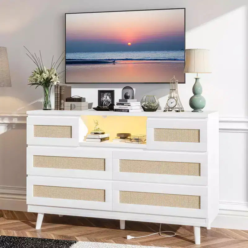 Cassettiera in Rattan con 6 Cassetti, Comò Resistente in Legno Naturale, Cassettiera a 6 Cassetti, Porta TV, Mobile Contenitore per Cameretta, Ingresso, Camera da Letto, Corridoio