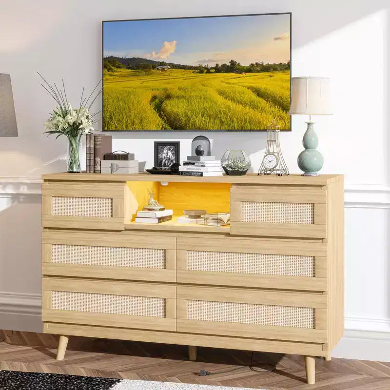 Cassettiera in Rattan con 6 Cassetti, Comò Resistente in Legno Naturale, Cassettiera a 6 Cassetti, Porta TV, Mobile Contenitore per Cameretta, Ingresso, Camera da Letto, Corridoio