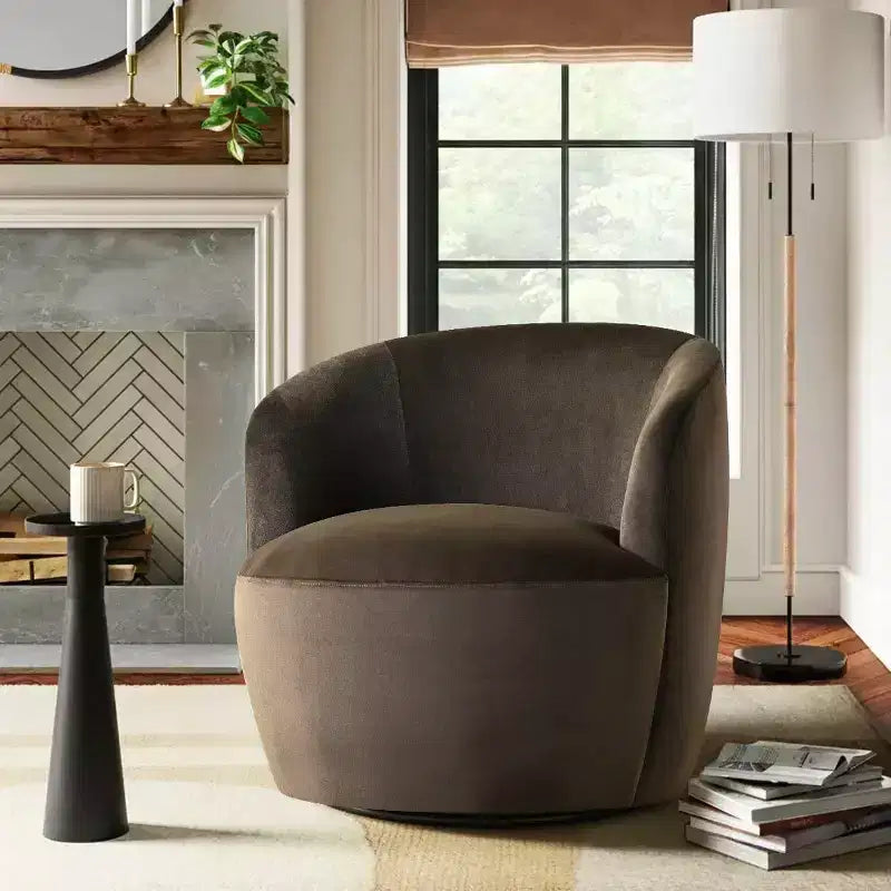 Poltrona girevole moderna in velluto a botte con rotazione a 360°, poltrona lounge imbottita