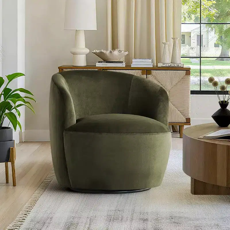 Poltrona girevole moderna in velluto a botte con rotazione a 360°, poltrona lounge imbottita