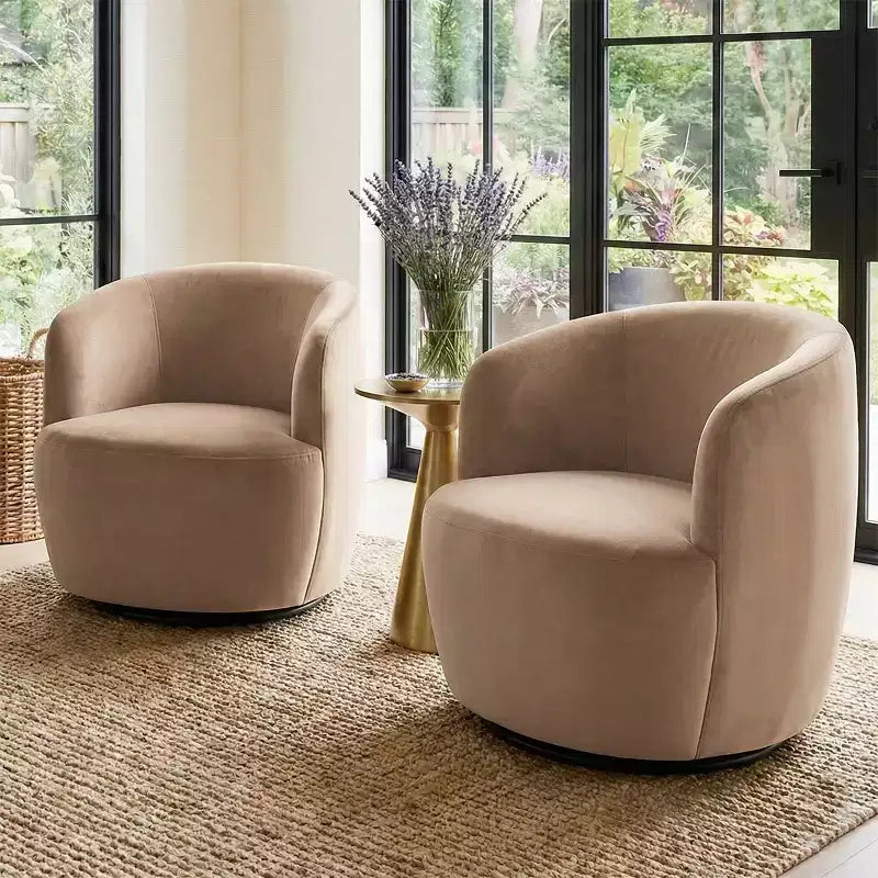 Poltrona girevole moderna in velluto a botte con rotazione a 360°, poltrona lounge imbottita