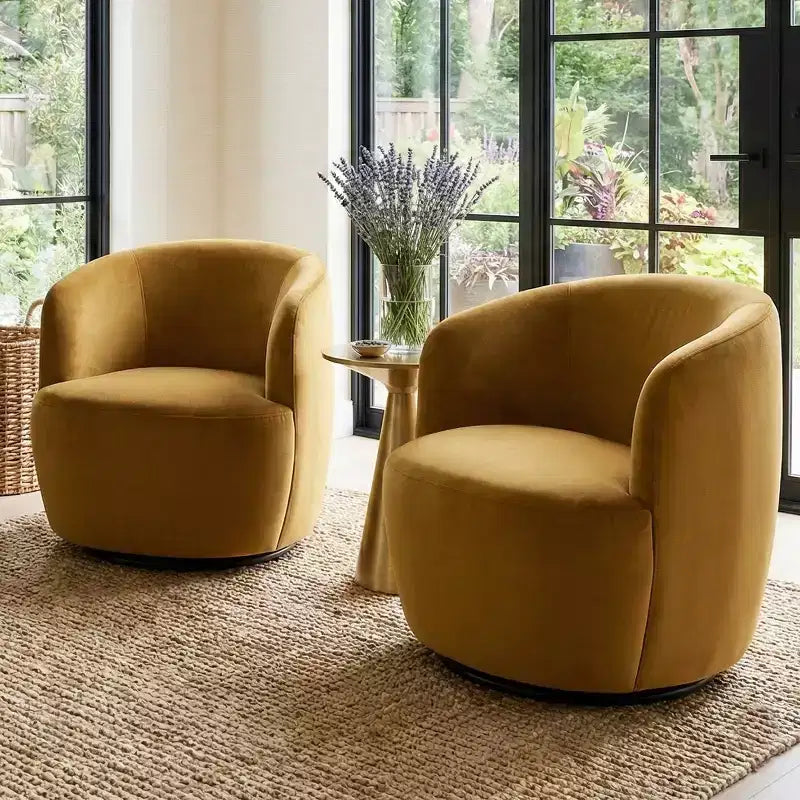 Poltrona girevole moderna in velluto a botte con rotazione a 360°, poltrona lounge imbottita