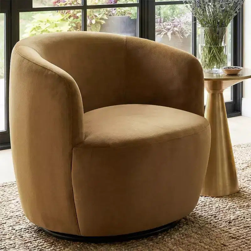 Poltrona girevole moderna in velluto a botte con rotazione a 360°, poltrona lounge imbottita