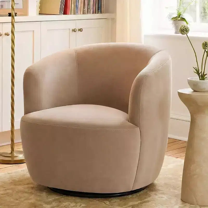 Poltrona girevole moderna in velluto a botte con rotazione a 360°, poltrona lounge imbottita