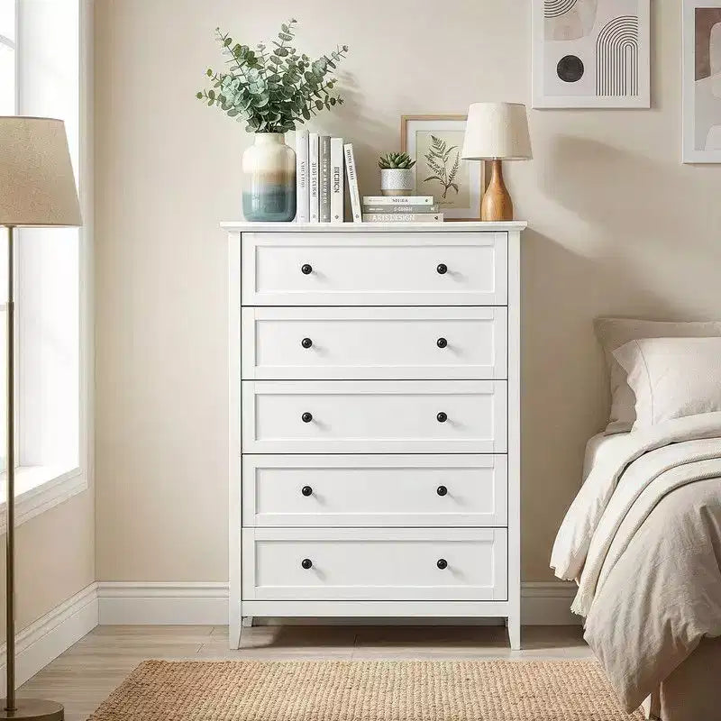 Comò a 5 cassetti da 31,5" con doppio maniglione e struttura a telaio, mobile contenitore per camera da letto